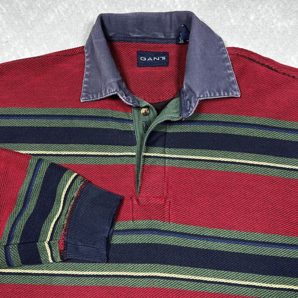 GANT Rugby Polo Shirt Slim Fit Red / Green Striped Men’s Large [ACTUAL MEDIUM]